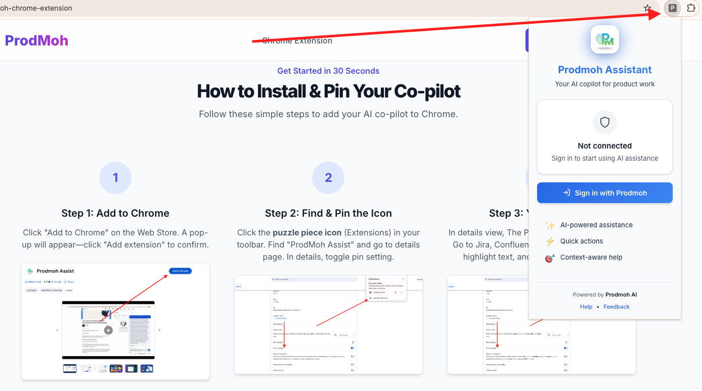 Screenshot showing the ProdMoh Assist extension icon in the toolbar, ready for user login.